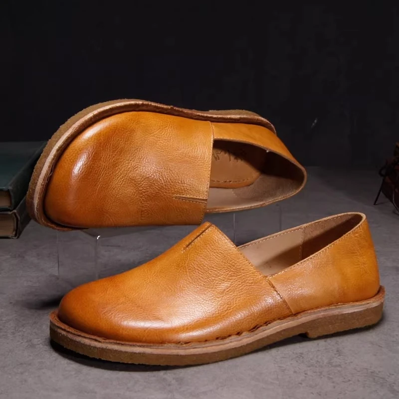 

Кожаная обувь без шнуровки ручной работы в стиле ретро, мужские лоферы, повседневная мужская обувь из воловьей кожи на мягкой подошве в римском стиле из натуральной кожи для походов