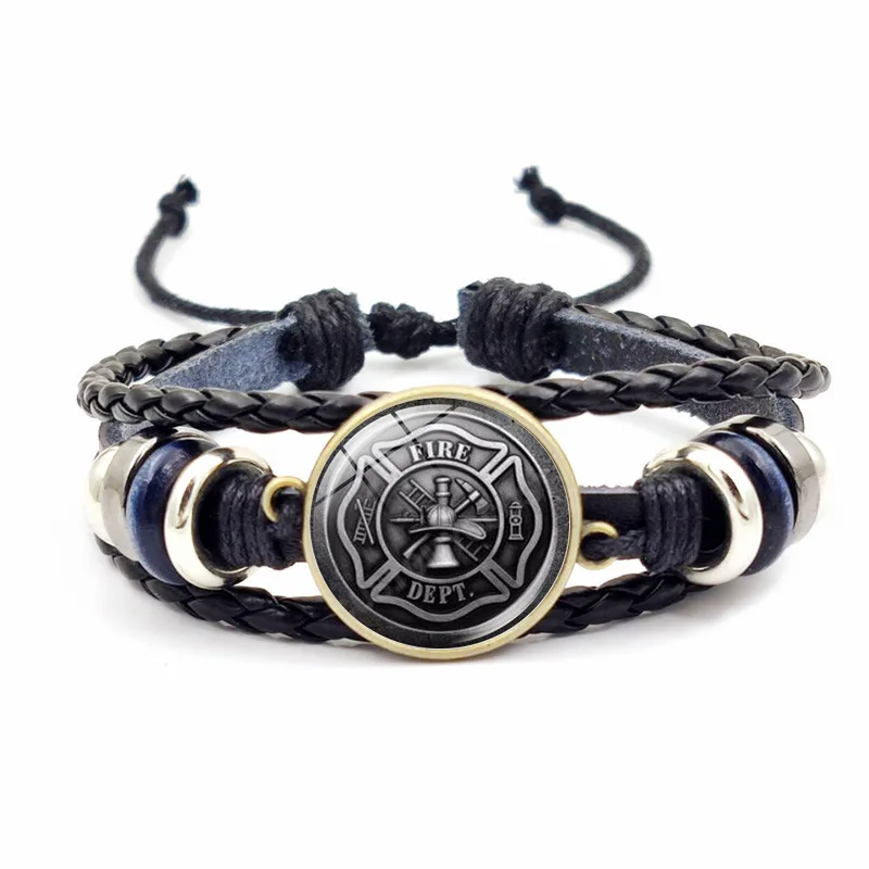 Firefighter Sign Bracelet Firemen Fire Dept Flame Vintage Pattern Glass Button Woven Adjustable Leather Bangle Bracelets for Men