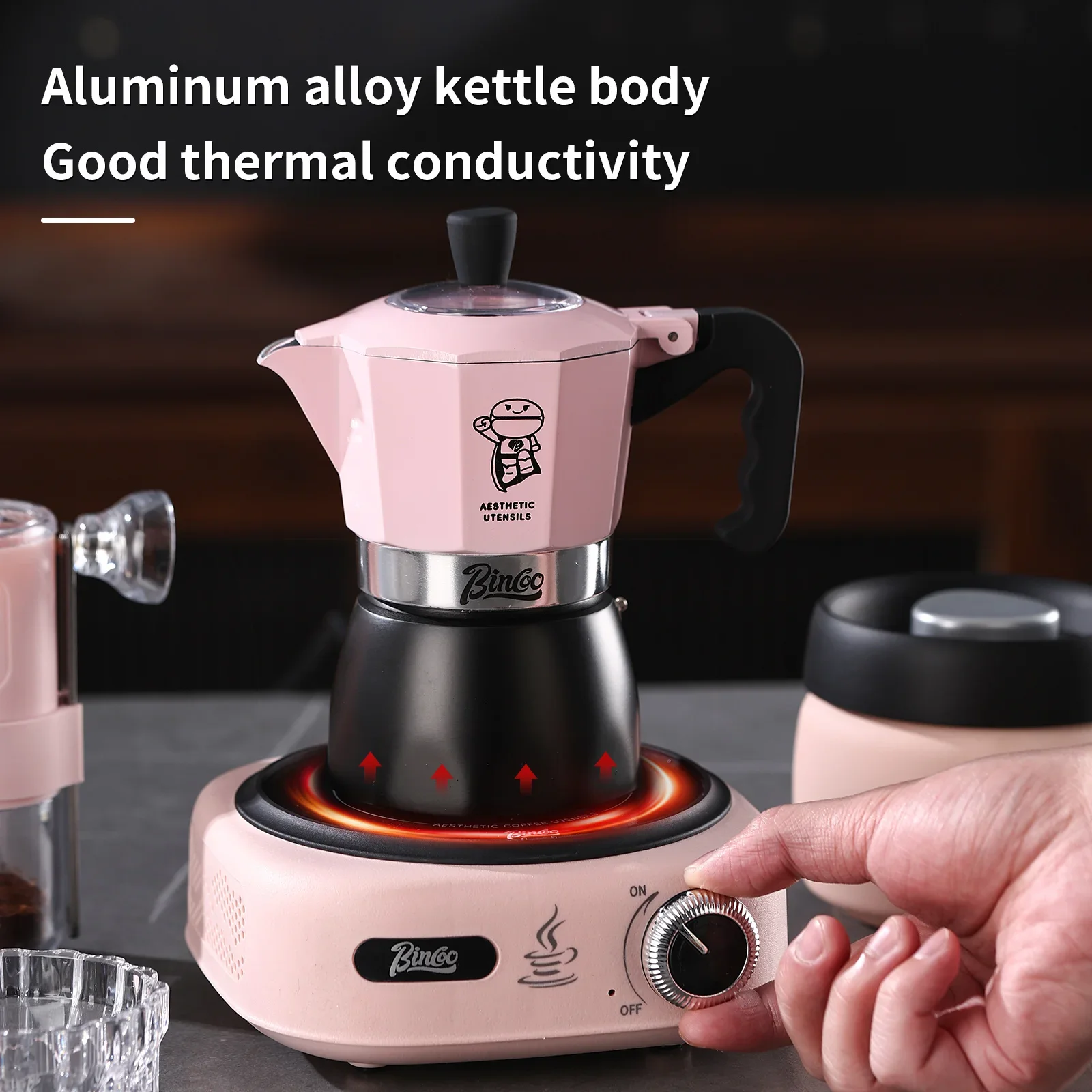 Bincoo Two-Tone Dual Valve Moka Set, Pink/Black, Manual Coffee Grinder, Home Espresso Extraction
