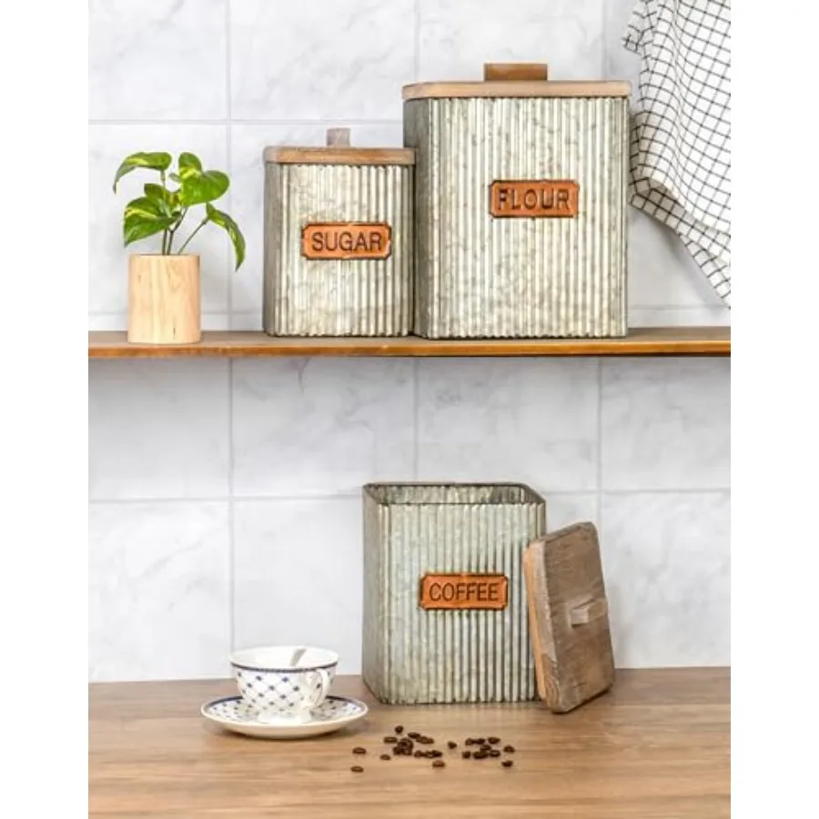 Red Co. Set of 3 Pre-Labeled Sugar, Coffee and Flour Distressed Metal Storage Canister Jars with Wooden Lids
