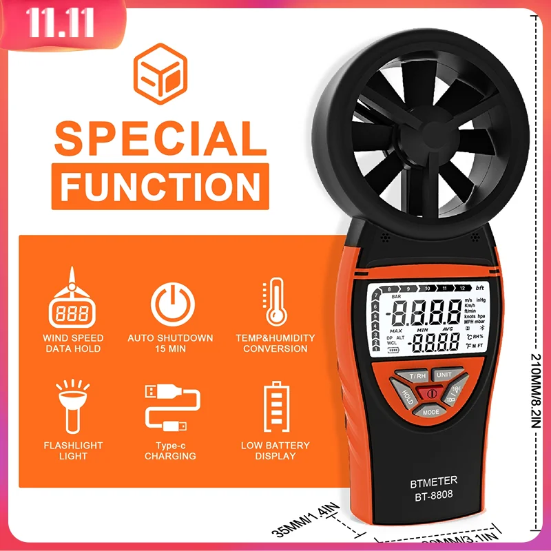 

Ручной анемометр для скорости ветра, температуры и влажности, цифровой перезаряжаемый измеритель расхода воздуха, портативное измерительное устройство CFM