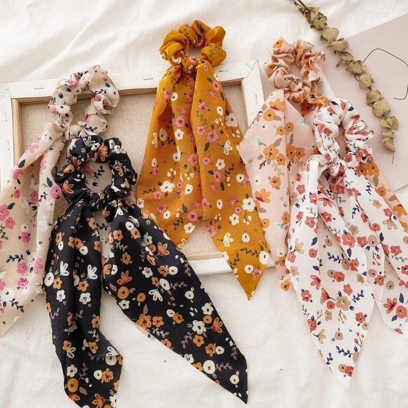 الأزهار طباعة Scrunchies الشريط الطويل ذيل حصان وشاح الشعر التعادل Scrunchies للنساء الفتيات مرونة العصابات الشعر إكسسوارات الشعر Gitf #5