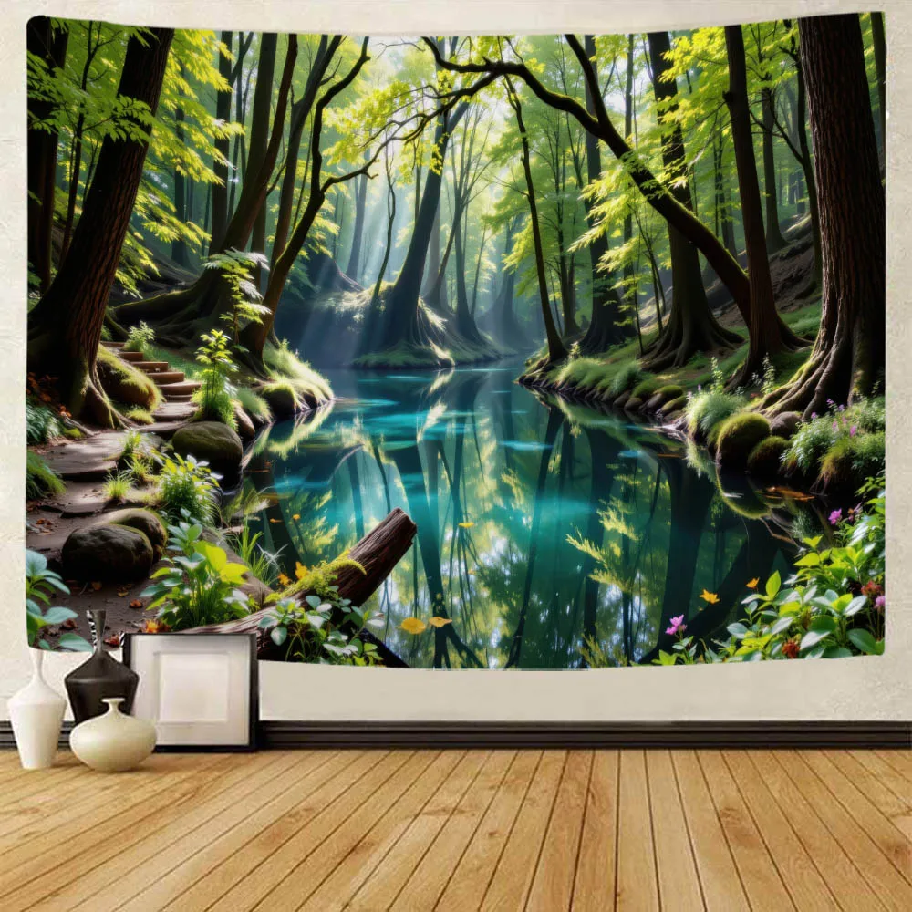 

Jungle Stream Landscape Tapestry, Green Primitive Forest Wall Hanging, Living Room Foyer, Featured Wall Decoration Tapestry