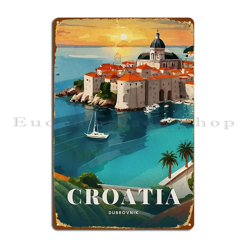 Póster de placa de Metal Dubrovnik, ciudad vieja costera, puesta de sol en Croacia, impresión de Pub y garaje oxidado, cartel de estaño de cueva de pared