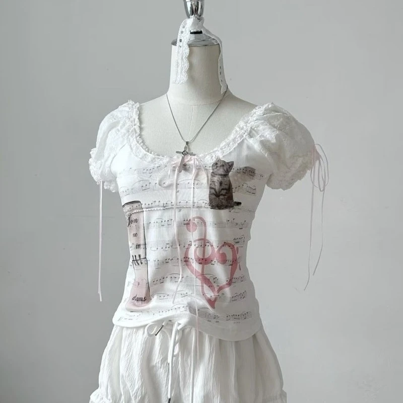 Americano retro y2k menina quente t camisa feminina doce bonito fino ajuste manga bolha recortado topos verão casual harajuku moda t novo