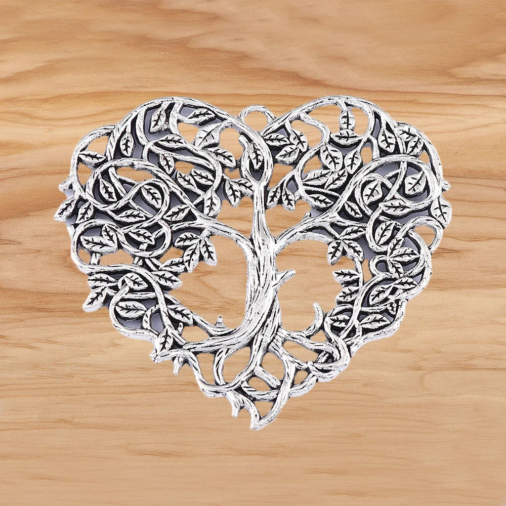 2 Pieces Antique Silver Filigree Tree  Heart Shape Charms Pendants For DIY Necklace Jewelry Making Accessories