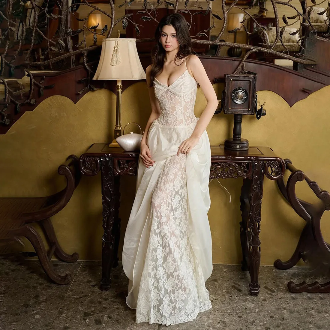 

2026 New Summer Women's Solid Color High Waist V Neck Spaghetti Strap Lace Maxi Dress Sexy Bodycon Wedding Party Dress