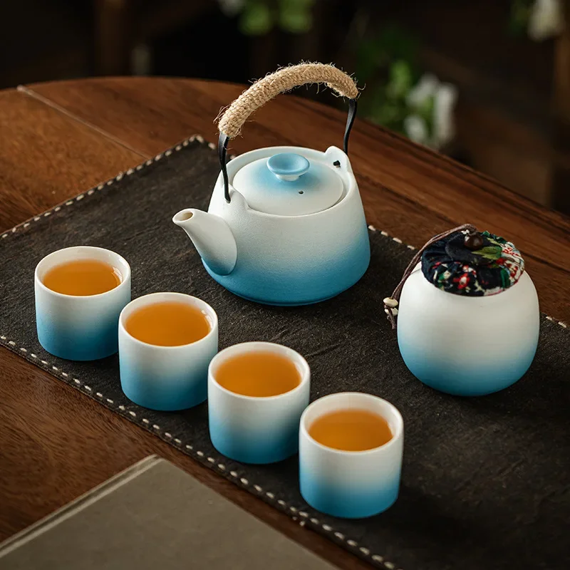 Cool Portable Ceramic Travel Tea Set Gradient Lobo Lift Kettle One Pot Four Cups Business Events Colorful Tea Ceremony Gift Set