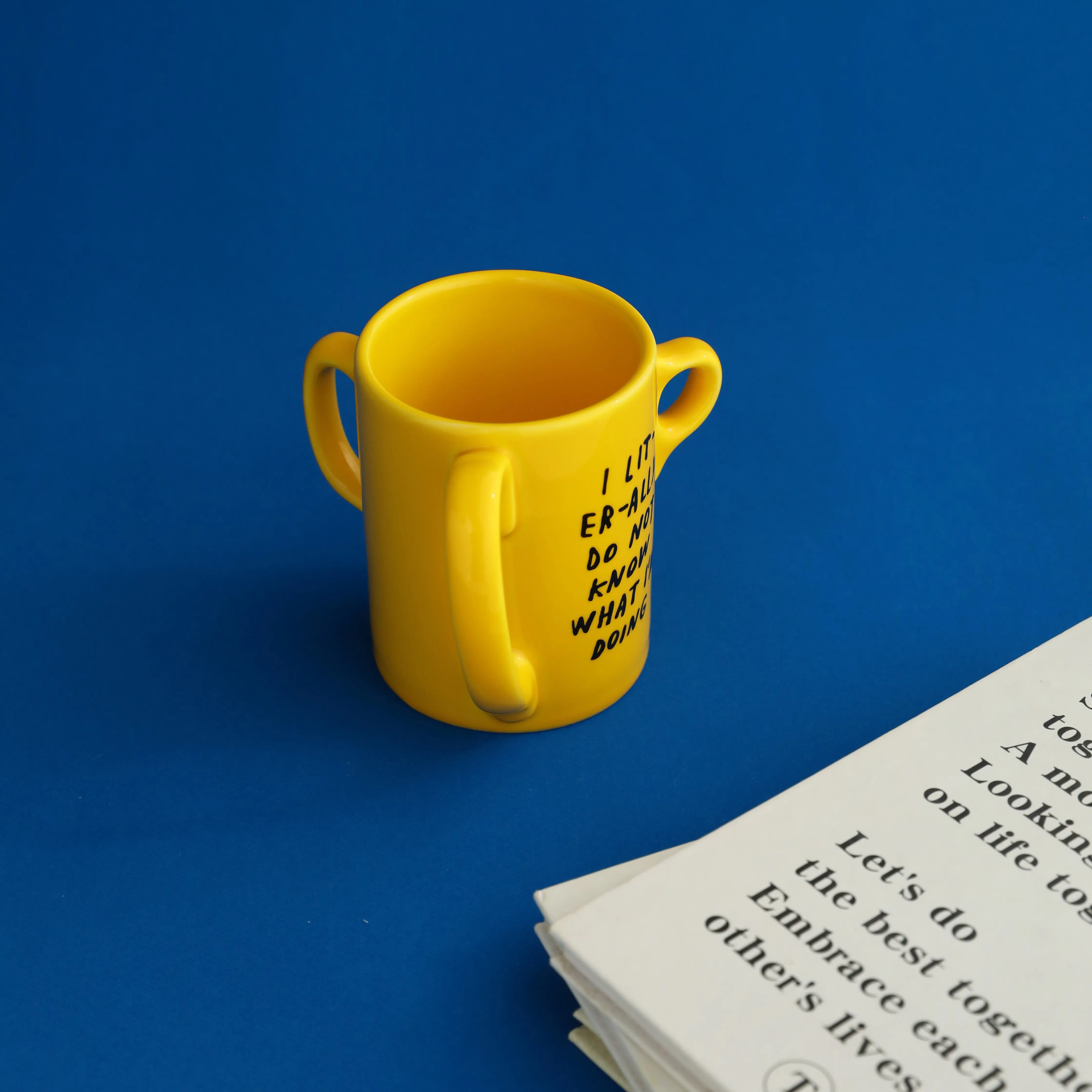 Ceramic Mug with Yellow Three Handles Wacky Interesting Convenient 