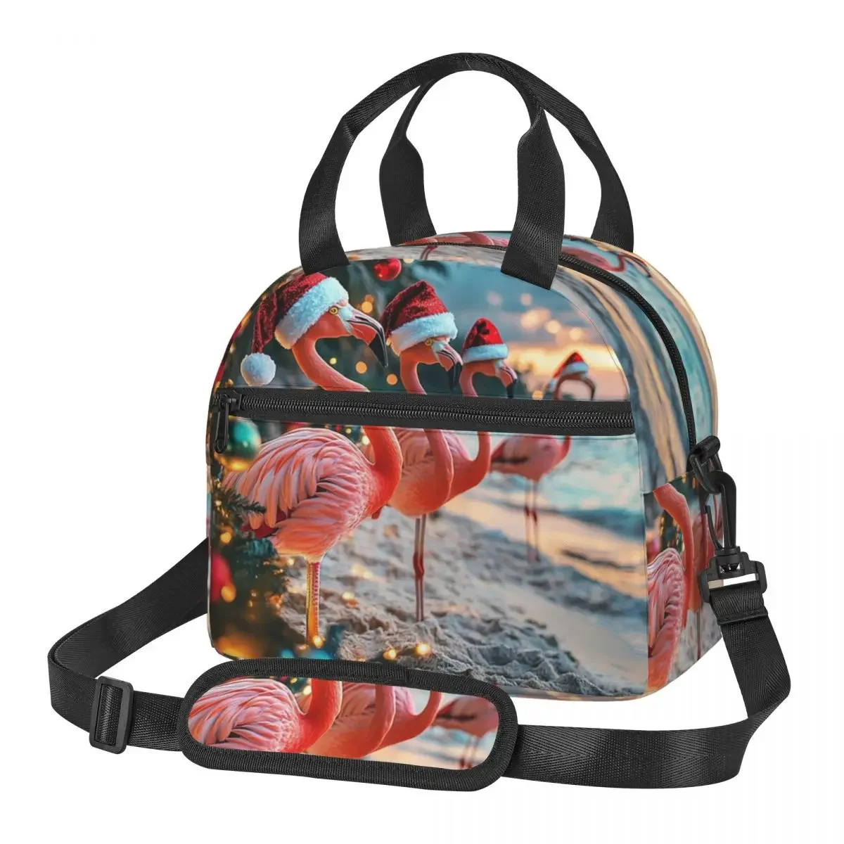 

Flamingo Christmas Lunch Bags Insulated Bento Box Leakproof Lunch Tote Picnic Bags Cooler Bag for Woman Office