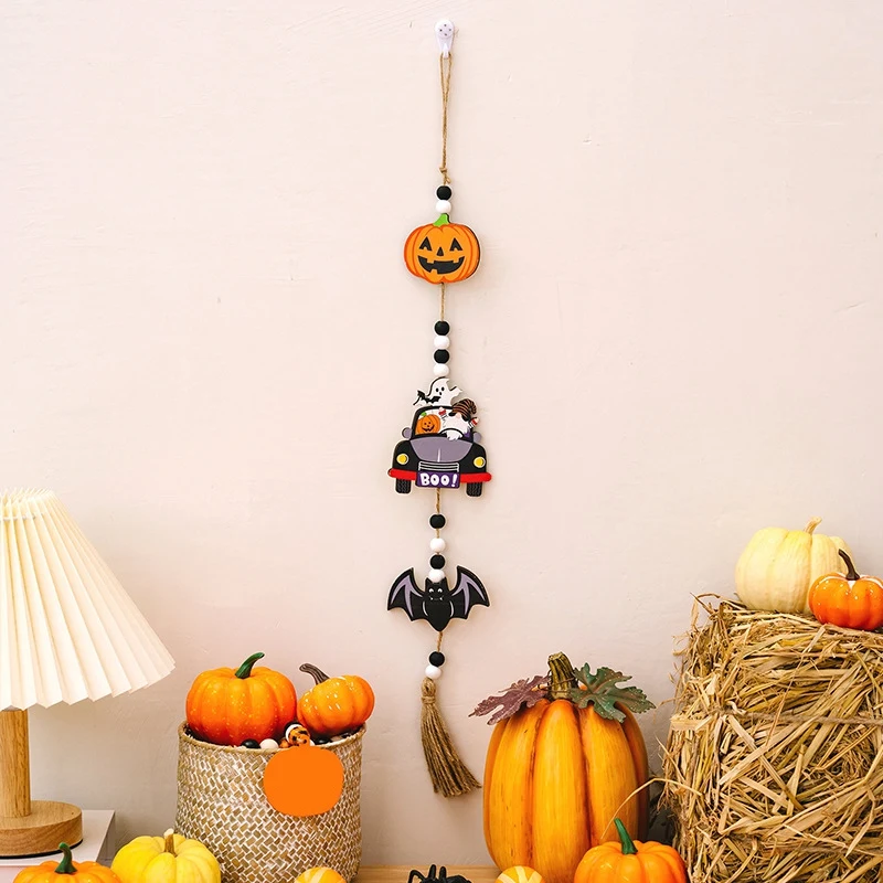 3 PCS Halloween Wood Bead Garland With Pumpkin Bat Ghost-Tassel Rustic Pendant As Shown Wood Tiered Tray Decor