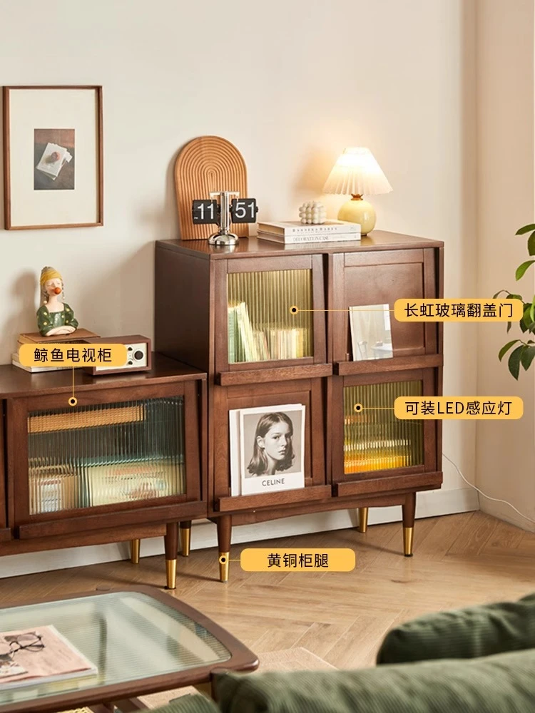 

Nordic solid wood bookcase storage ntegrated glass door small cabinet storage retro locker magazine