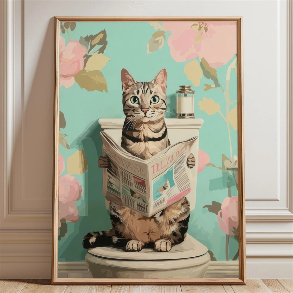 American Shorthair Cat Toilet Paper Bathroom Art Print American Shorthair Cat Toilet Reading Newspaper Bathroom Poster