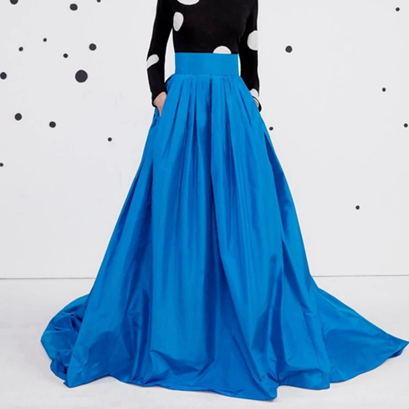 

Elegant Royal Blue Satin Long Women Summer Skirts Floor Length Unique Pocket Taffeta Formal Party Skirt Fashion A Line Skirts