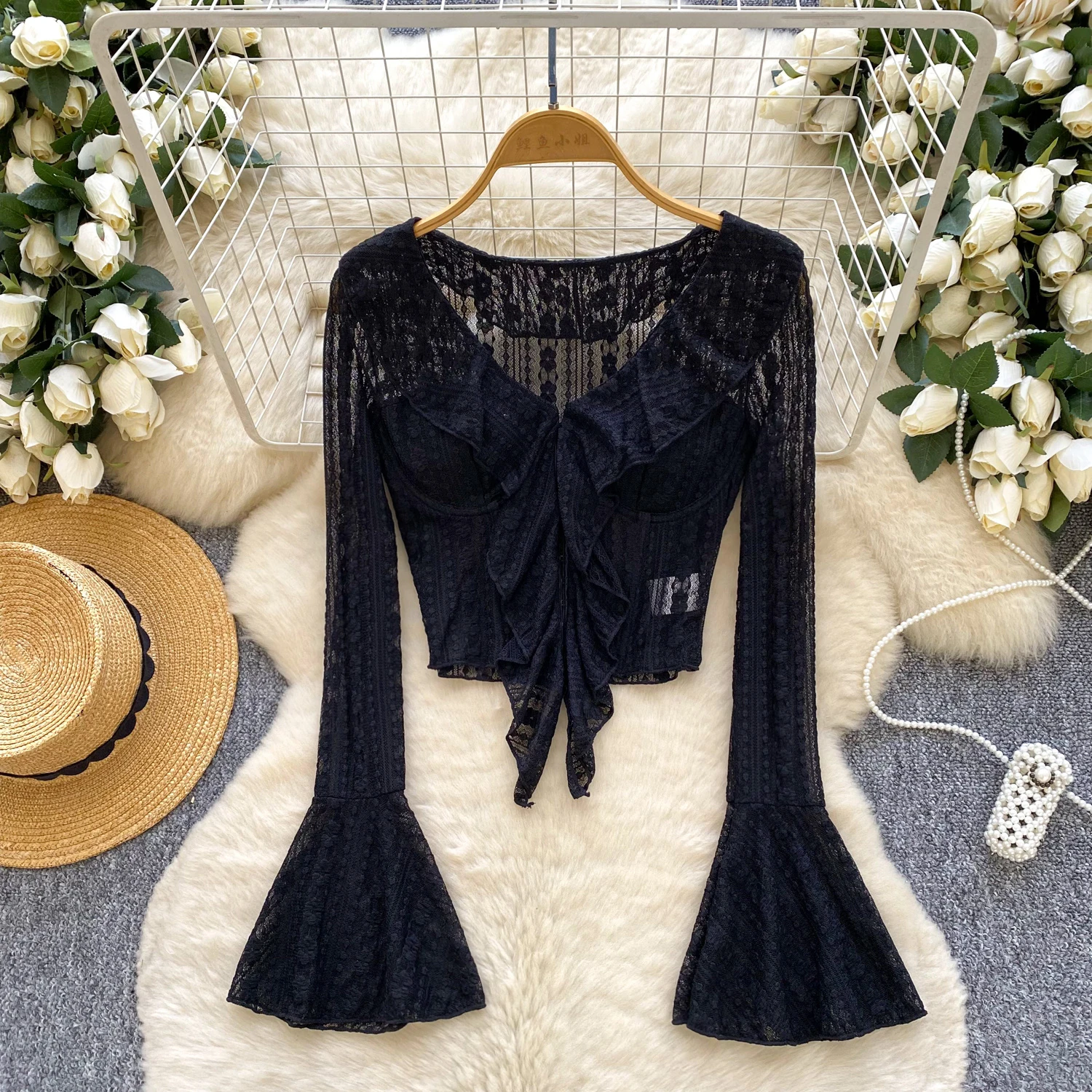 

Chic Elegant long sleeve ruffle lace blouse Vintage Fairy Autumn korean fashion Women Clothing