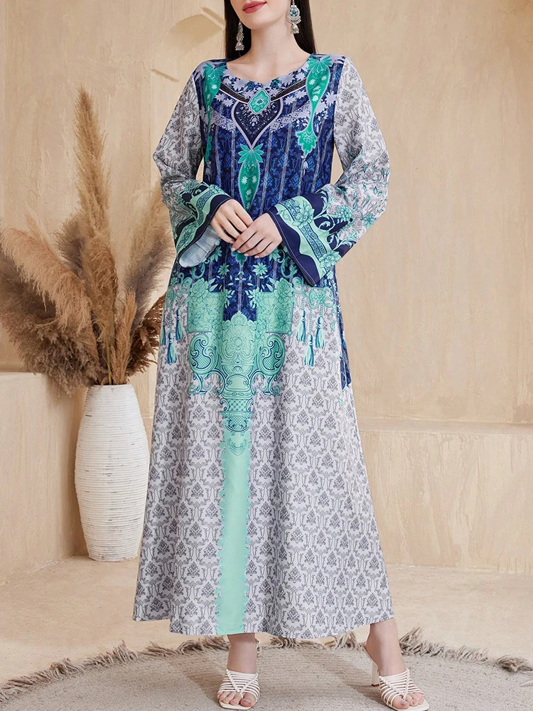 Mia Muse Ramadan Essentials Vestidos de mujer musulmán glamuroso elegante estampado gráfico manga larga cuello en V vestido midi suelto