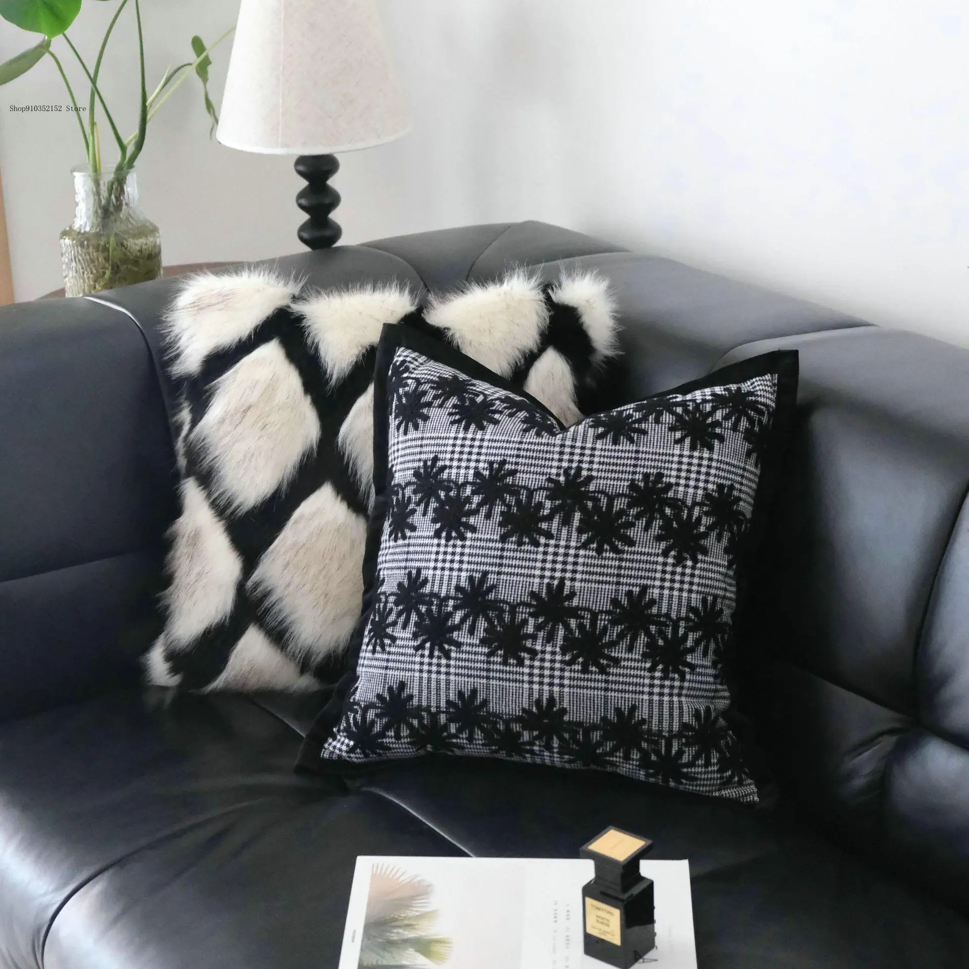 [Only Includes Pillowcases] Black Border High-End Embroidered Pillow Waist Pillow Sofa Hotel Model Room Pillowcase