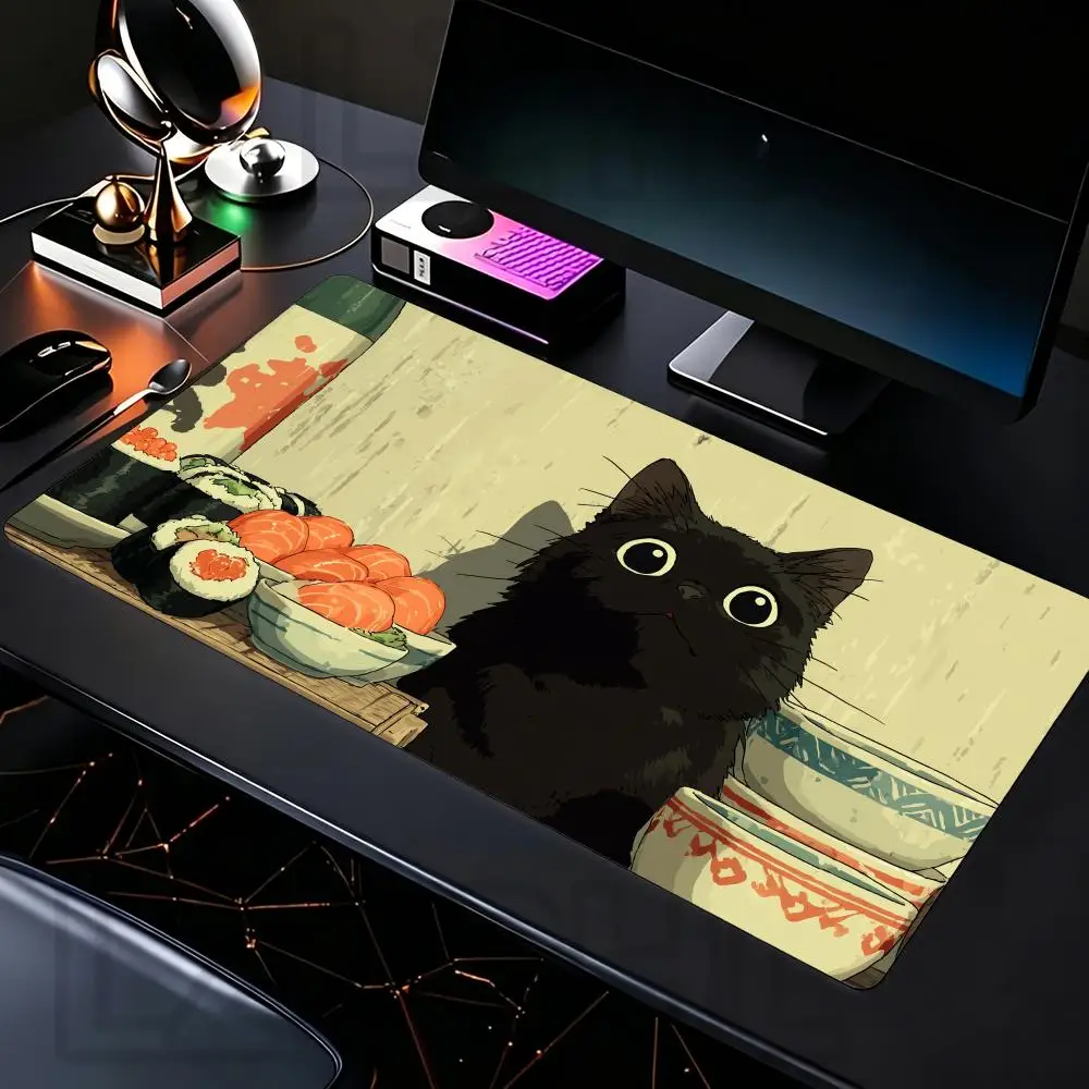 Black Cat Eat Ramen Mouse Pad Large Gaming Rubber Base Anti-slip Desk Accessories Mousepad Office Gamer Keyboard Decor Table Mat