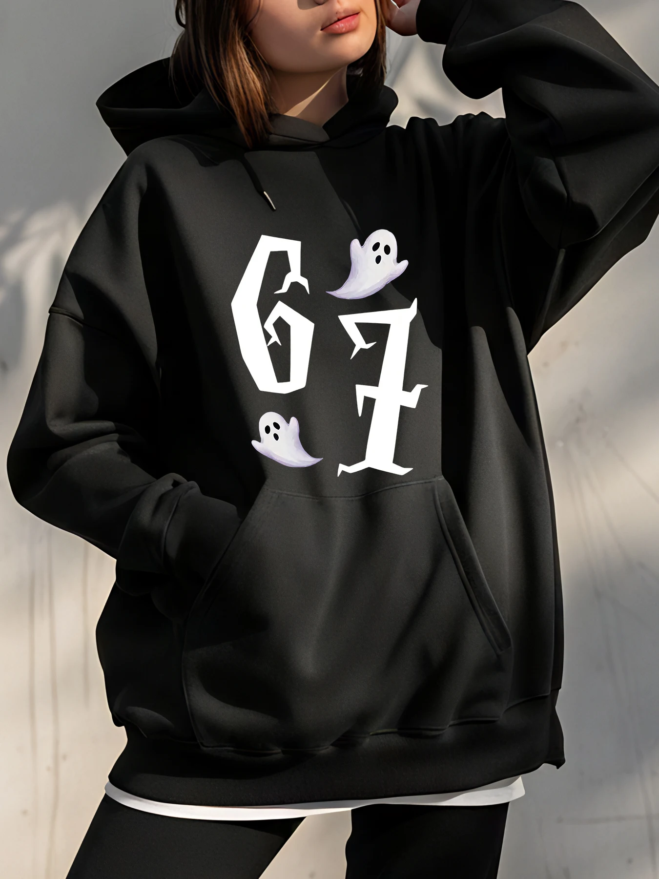 

Толстовка с капюшоном 67, толстовка большого размера с принтом призраков, повседневная уличная одежда, женская модная осенне-зимняя одежда