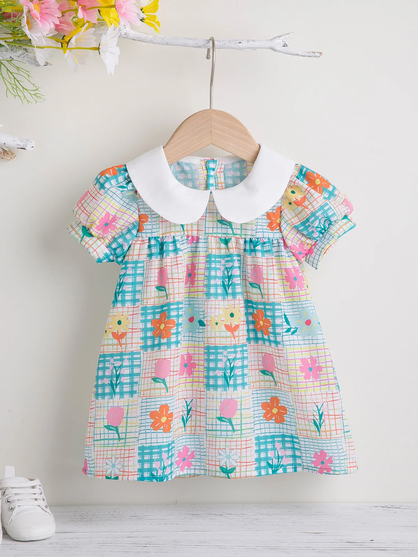 Baby Girls Spring & Summer New Floral Print Princess Collar Puff Sleeve Dress, Cute Fresh Daily Casual Baby Outfit