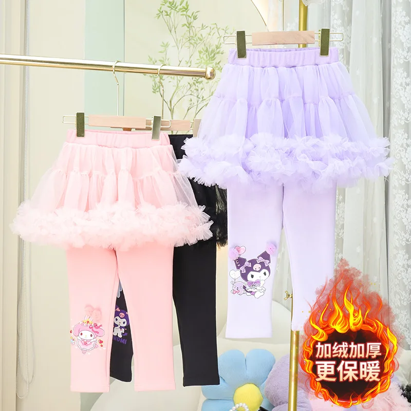 

Sanrios Leggings New Girl Pants Autumn Winter Add Velvet Thickened Wearing Kids Girls Clothes Mesh Two Fakes Children's Skirt