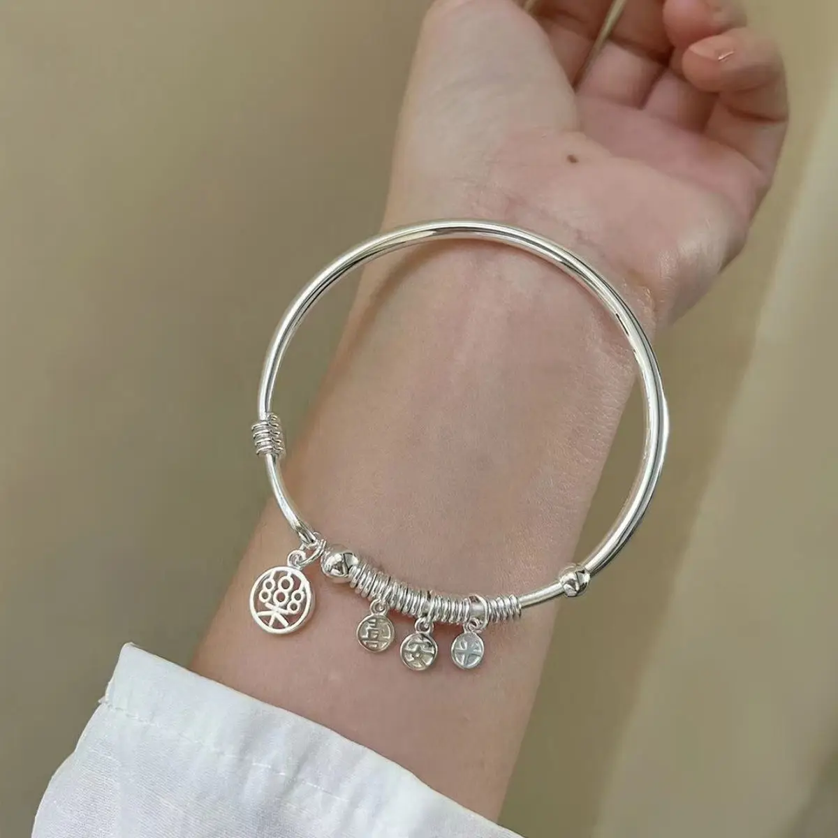 PANJBJ 925 Sterling Silver Irregular Blessing Bangle Asymmetric Pendant Minimalism Ethnic Design Bracelet Jewelry Dropshipping