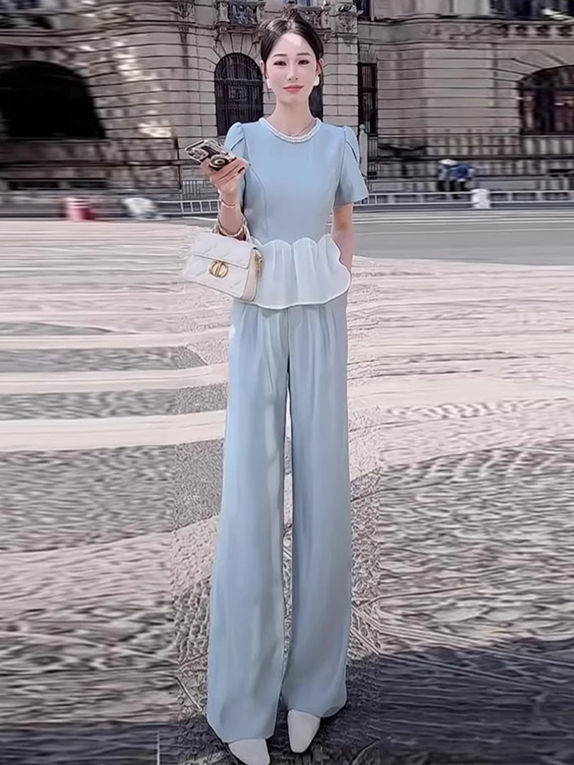 

Fashionable Summer Outfit Women's Blue Short Sleeve Top Wide Leg Pants Two Piece Set Elegant High End Feeling Cotton round Neck