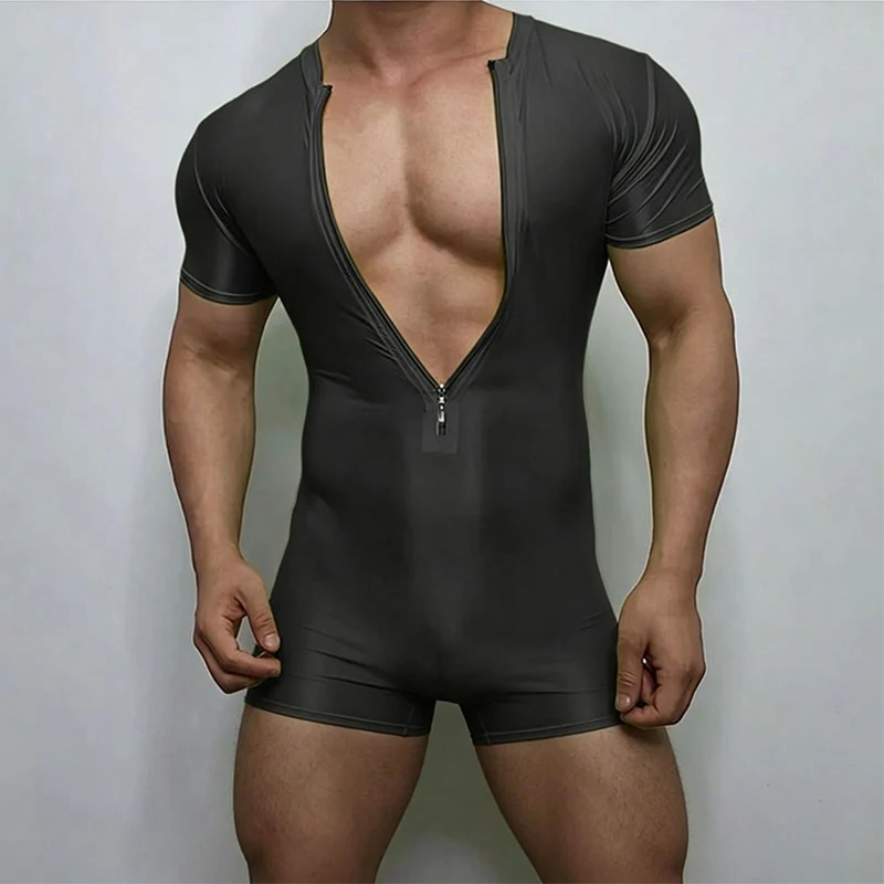 2026 Summer Casual Mens Slim Stretch Jumpsuits Fashion Deep V Neck Zip-up Bodysuits Men Bodycon Vintage Solid Color Playsuits