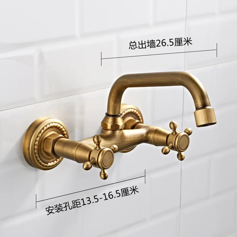 Bathroom into the wall double handle basin hot and cold faucet all copper gold wall mounted double hole basin antique faucet