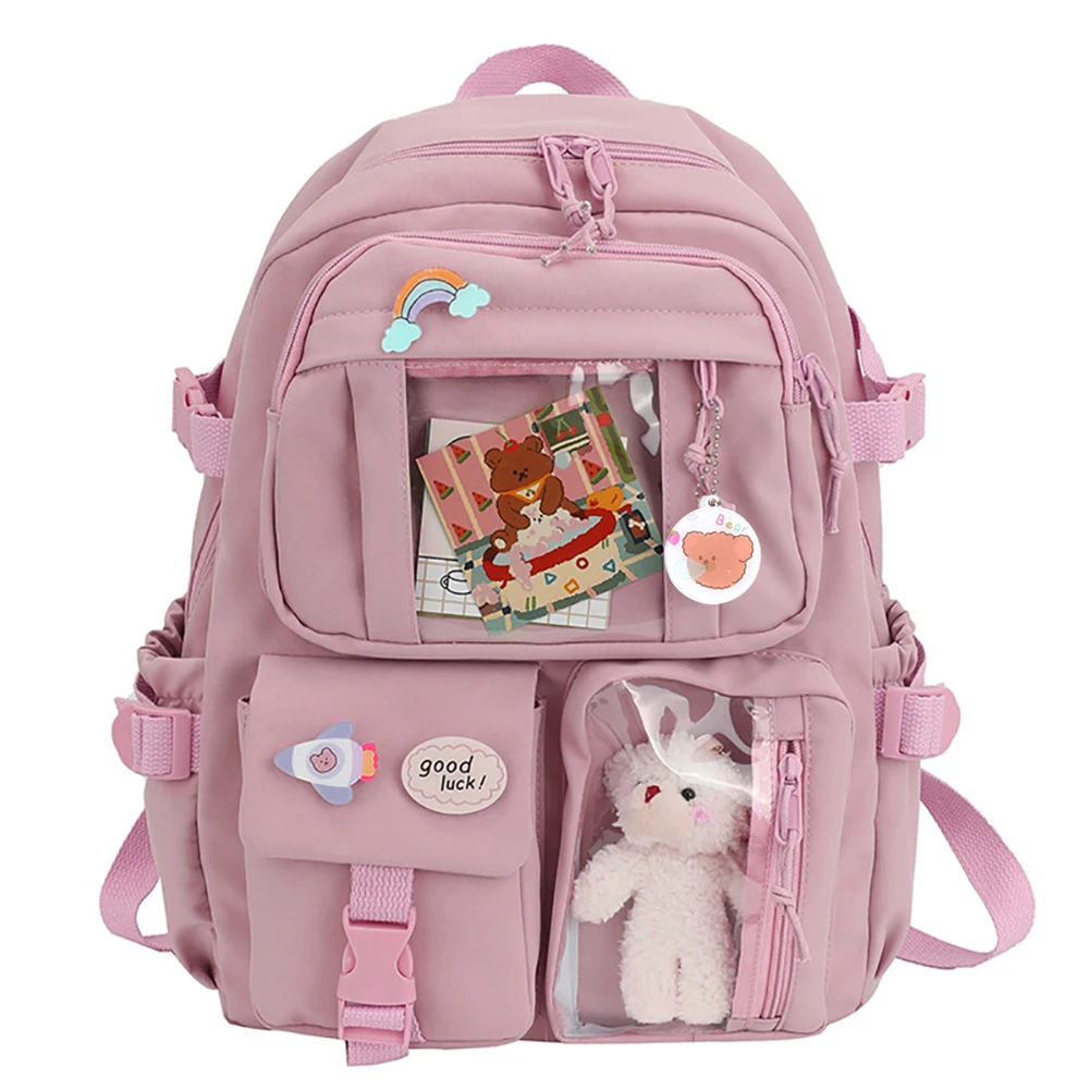 Estudante universitário mochila moda casual sacos de livro náilon com pingente de pelúcia pino bonito grande capacidade estilo japonês para meninas adolescentes