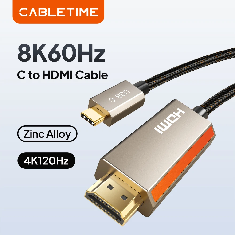 CABLETIME 8K USB C to HDMI Cable 8K@60Hz/4K@120Hz Resolution Zinc Alloy Shell Braided for Laptop Monitor Switch HDMI Devices