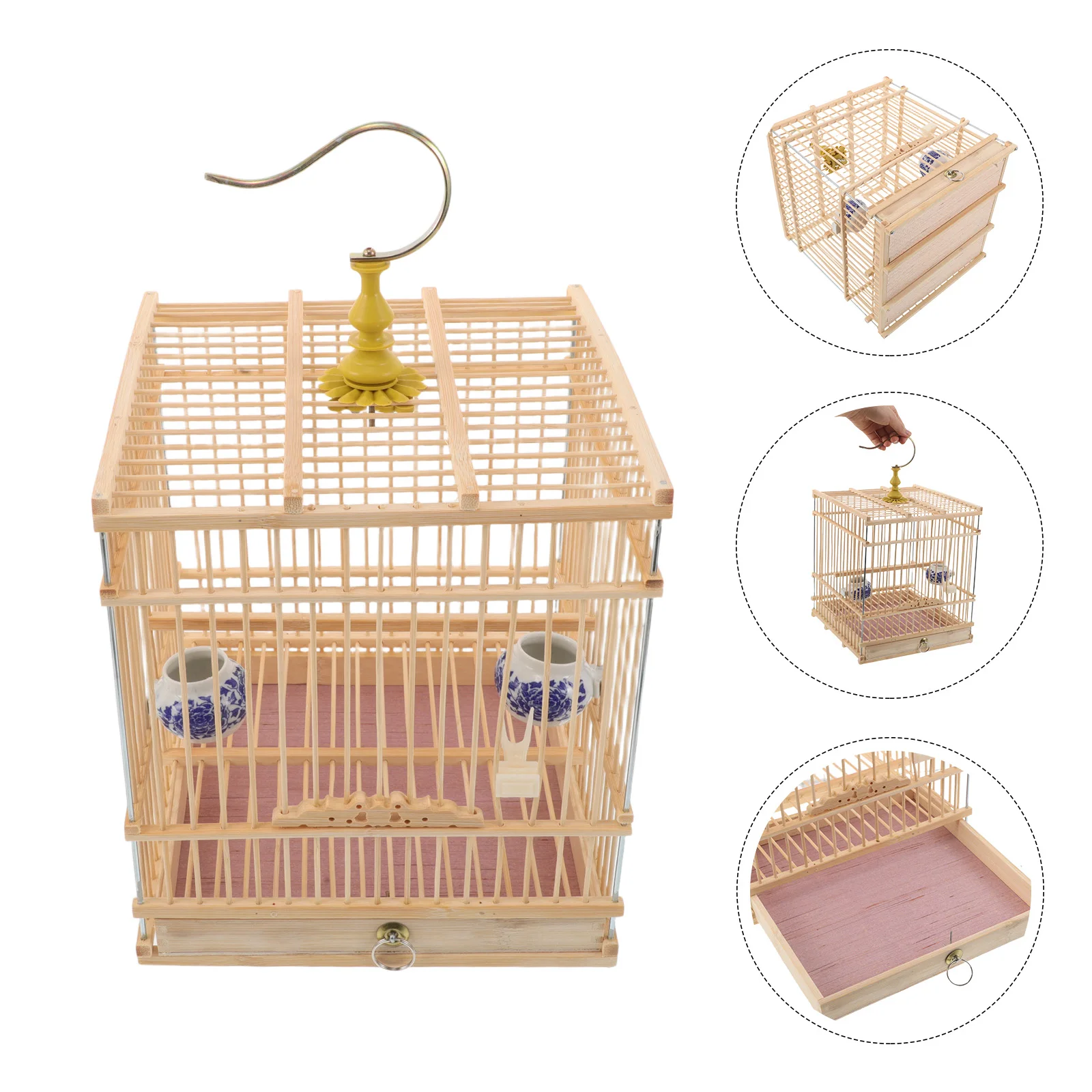 

Handmade Bamboo Bird Cage Rectangular Shape Carbonized Treatment Removable Tray Hanging Hook Stable Structure Decorative Pet