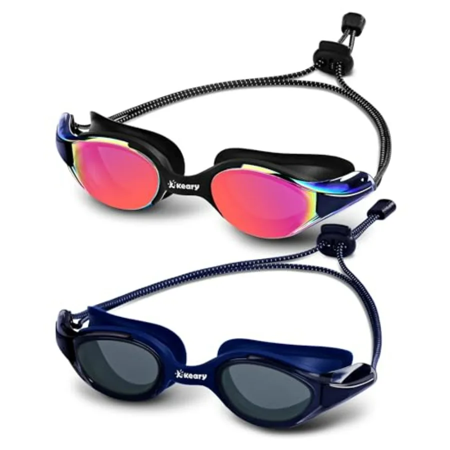 Racing Swim Goggles 2 Pack for Adult Men Women 180° HD Wide Vision Bungee Strap Anti Fog UV Protection No Leaking