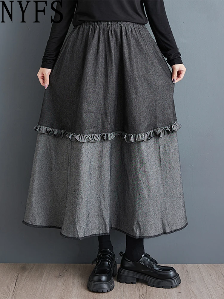 

NYFS 2024 Autumn New Office Lady Woman Skirts Female Elastic Waist Loose Big Hem Denim Long Skirt