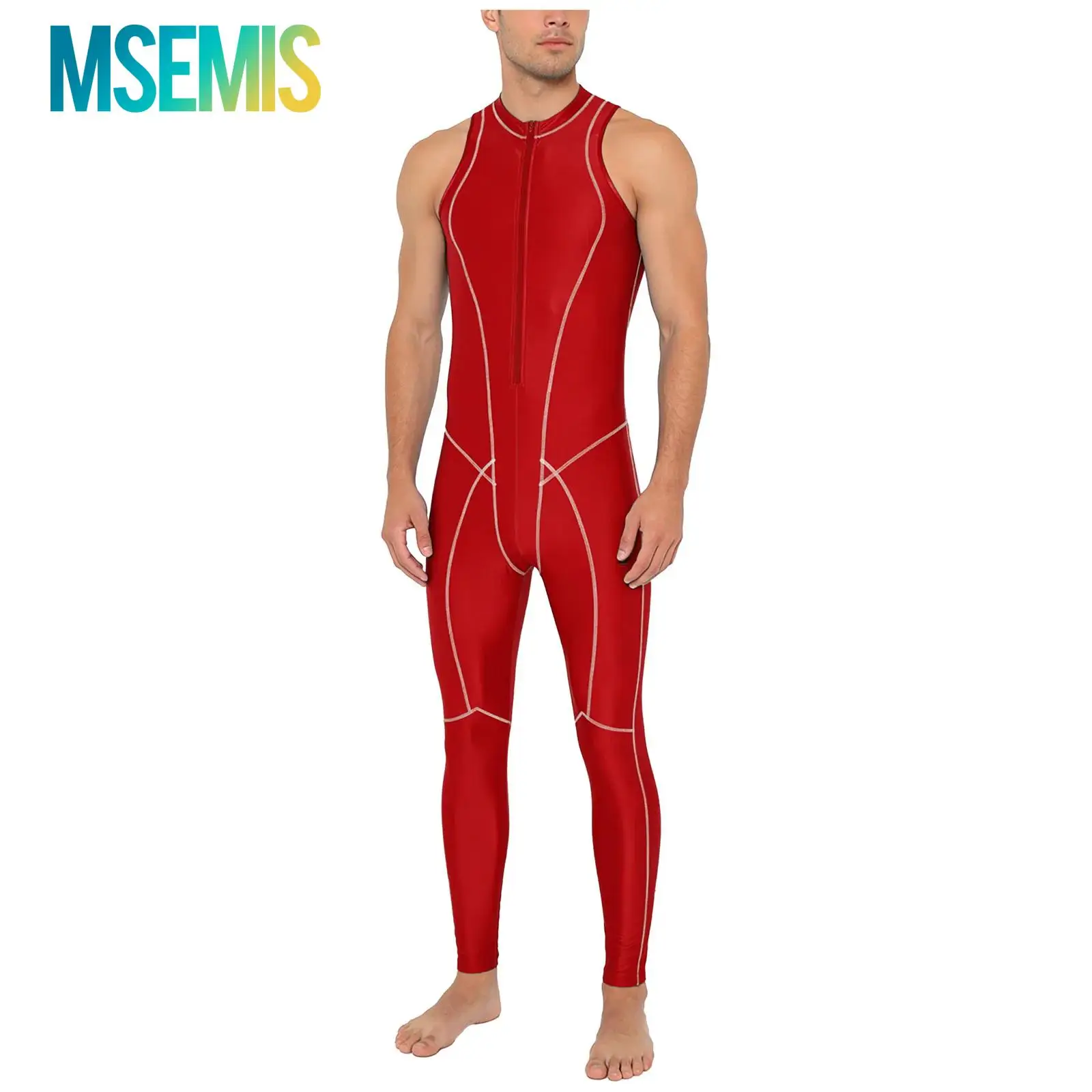 Mens Oil-shiny Unitard Swimwear Swimsuit Ront Zipper Sleeveless Leggings Pants Flat Seams Jumpsuit Rompers Clubwear Bathing Suit