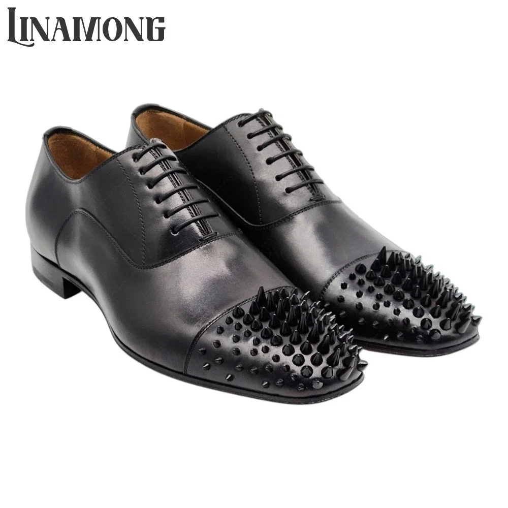

Striking Spike Black Leather Oxfords Bold Rivet Embellishments Leather Shoes Full Black Rivet Almond Toe Lace-Up Leather Shoes