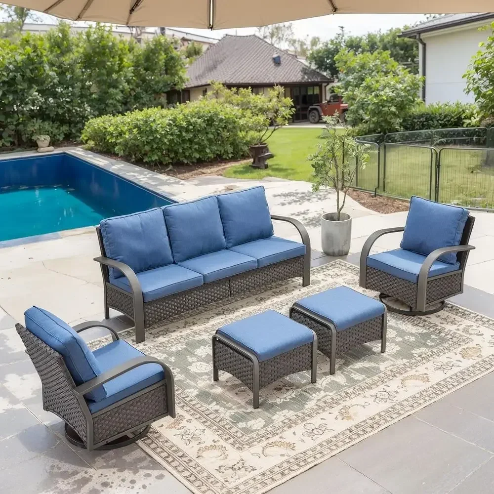 5-Piece Outdoor Patio urniture Set All-Weather Wicker Couch with Swivel Rocker Outdoor Chairs and Multi-unctional Ottomans, Pati