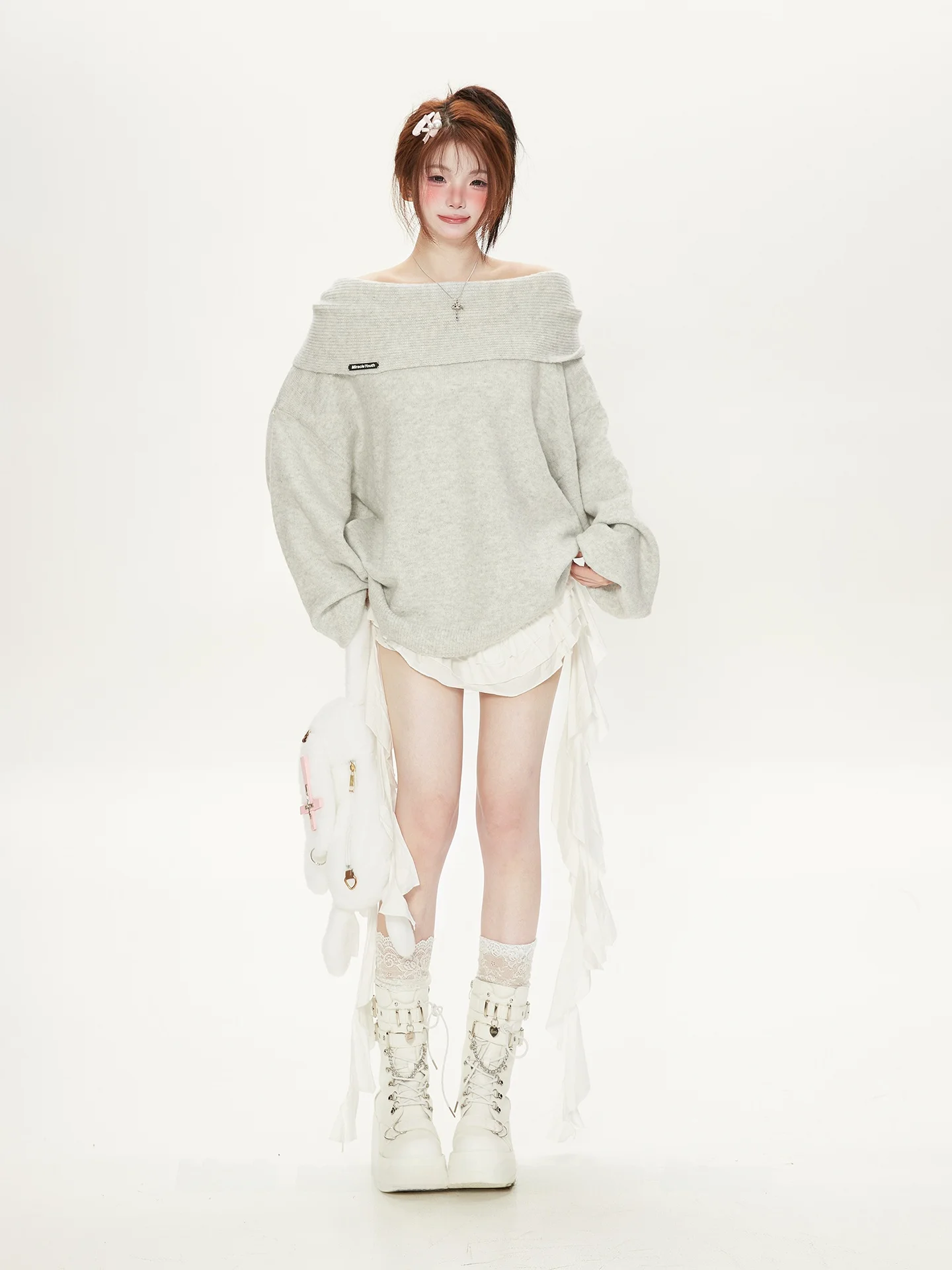 

Ele Gentle oulder Bared Sweater Women's Autumn Winter New Korean Sle Pure Desire ey oulder Exposure Knitted Top