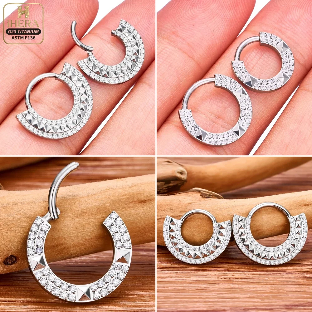 ASTM F136 Titanium Sparkly CZ Pyramid Hinged Segment Ring Septum Clicker Nose Helix Piercing Jewelry Wholesale Lot