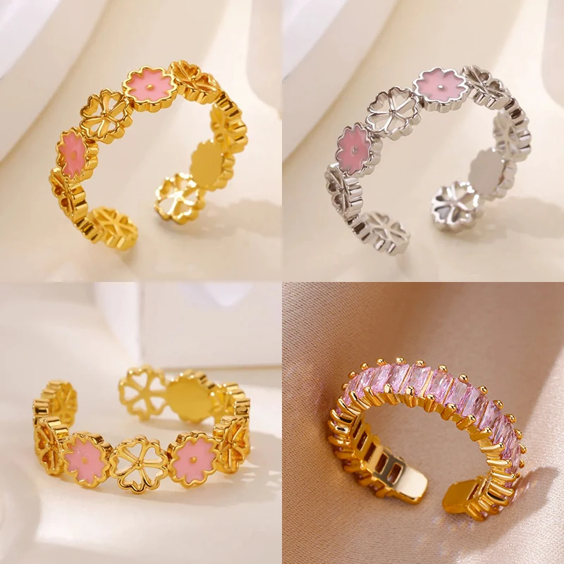 Rosa Blumenringe für Frauen, Edelstahl, goldfarben, geometrischer Blumenring, ästhetische Hochzeit, Modeschmuck, Geschenk
