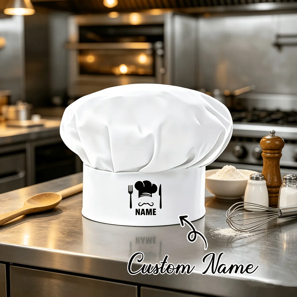 Customizable Name Chef Hats, Personalized Kitchen Cooking Hats, Adjustable Baking Hats with Chef Hat Mustache Print, Custom Gifts for Chefs and Baking Enthusiasts, Adult Christmas Holiday Family Baking Party Costume Ac