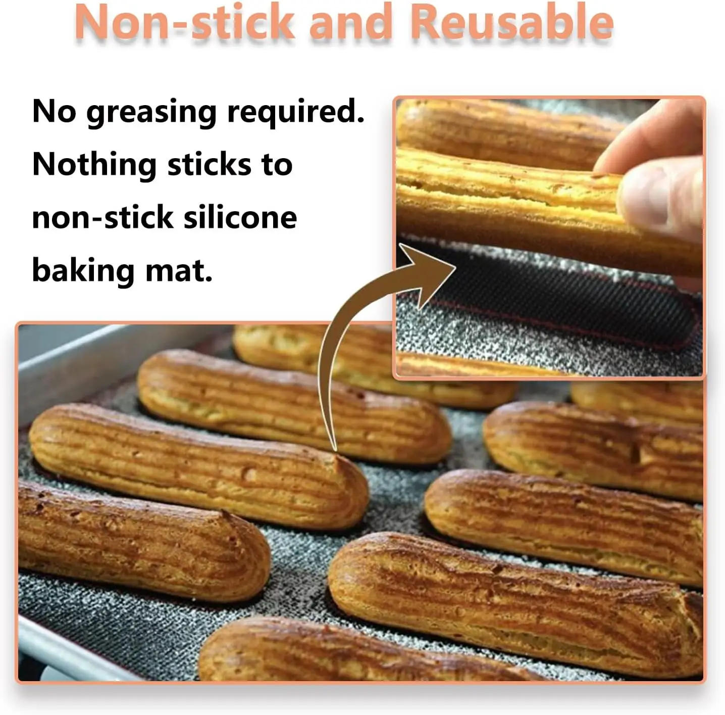 Perforated Silicone Baking Mats, 2 PCS Eclair Silicone Mat for Half Sheet with 12 Printed Oblong Eclair Guides, Non-Stick Reusa
