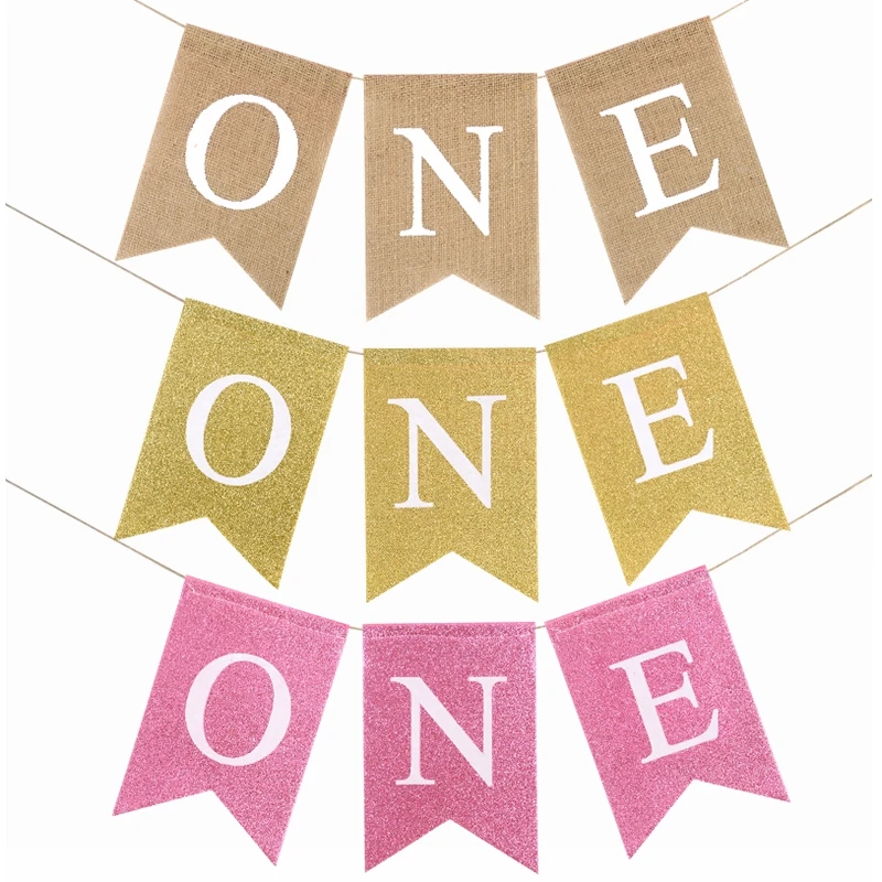 2m ONE Birthday Linen Banner Baby Shower Dining Table Chair Fishtail Hanging Bunting Flag Garland Birthday Party Home Decoration