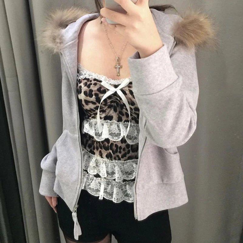 IAMHOTTY Y2K Leopard Print Lace Ruffle Patchwork Camis Brown Coquette Aesthetic Slim-fit Bow Tank Tops Cute Fairycore Vest Cute