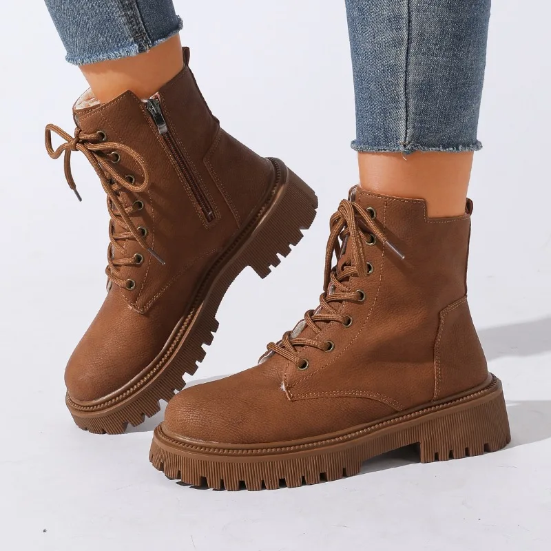 New Fashion British Style Retro Booties Women's Small Platform All-match Lace-up Block Heel Shoes