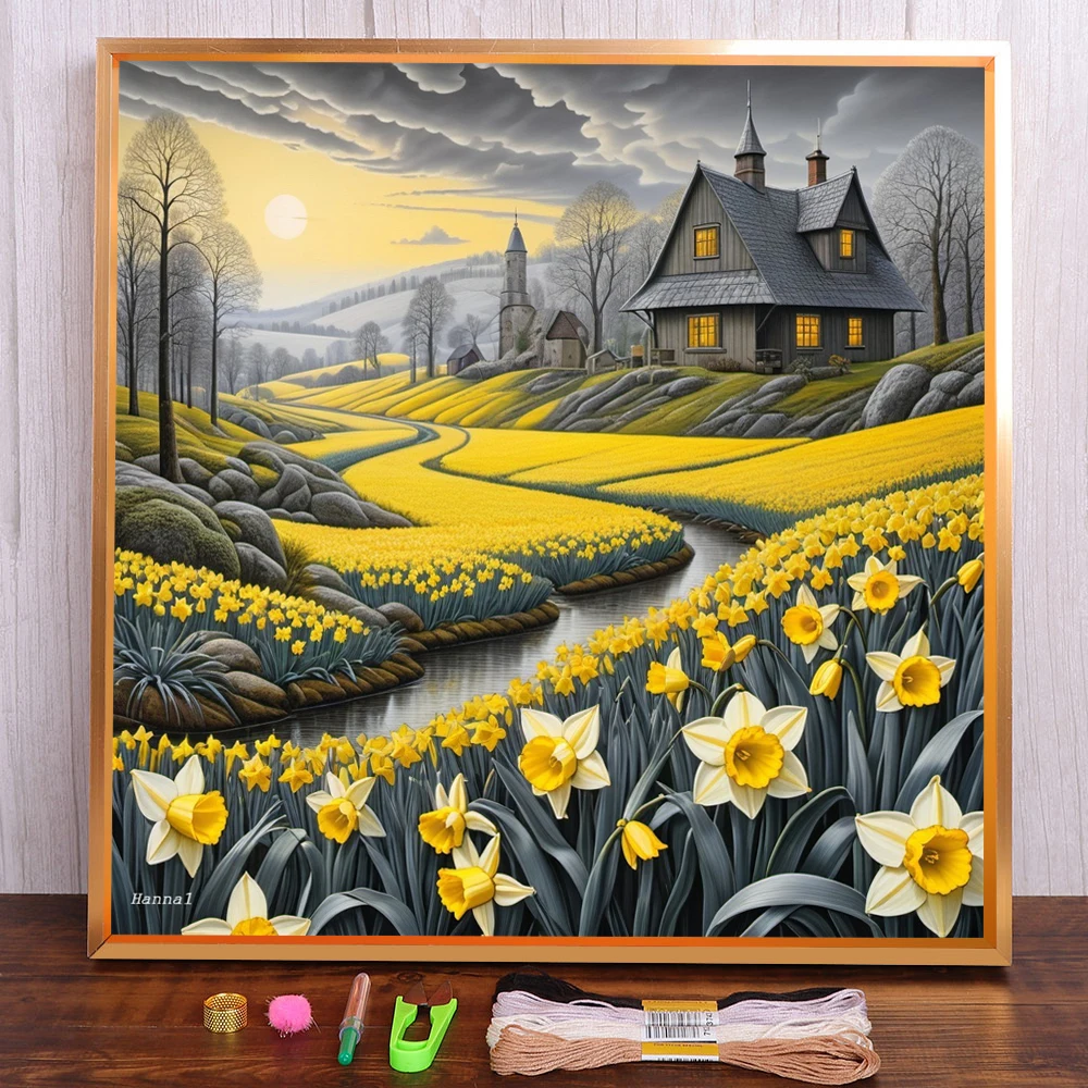 

Flower Narcissus Printed Fabric 11CT Cross-Stitch Kit Embroidery DMC Threads Sewing Craft Needlework Knitting Mulina Floss Magic