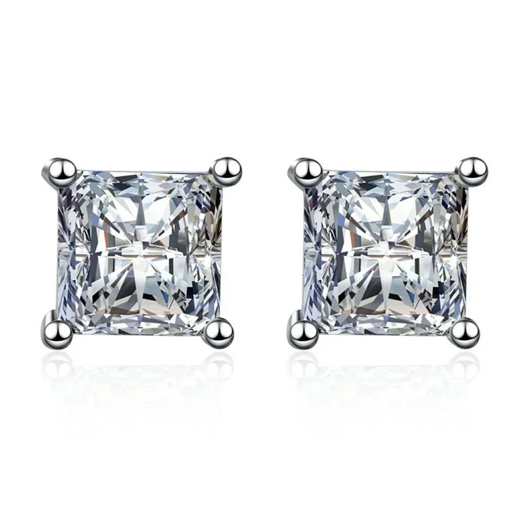 

925 Sterling Silver Princess Cut Cubic Zirconia Stud Earrings for Men Women 18K White Gold Plated Simulated Diamond CZ Earring