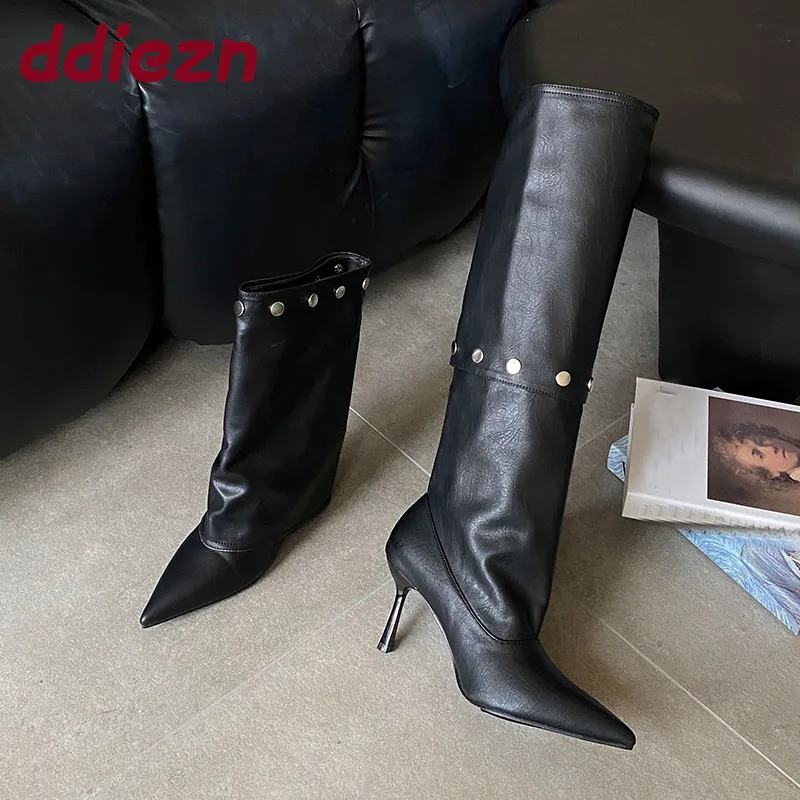 

Новые модные женские современные сапоги до колена с заклепками, женские туфли без шнуровки, женские длинные сапоги с острым носком на каблуке, туфли-лодочки