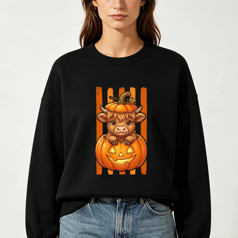 Halloween Crewneck Sweatshirt Highland Cow Sitting Inside Jack O Lantern Pumpkin Orange Distressed Stripes Cute Animal Pullover