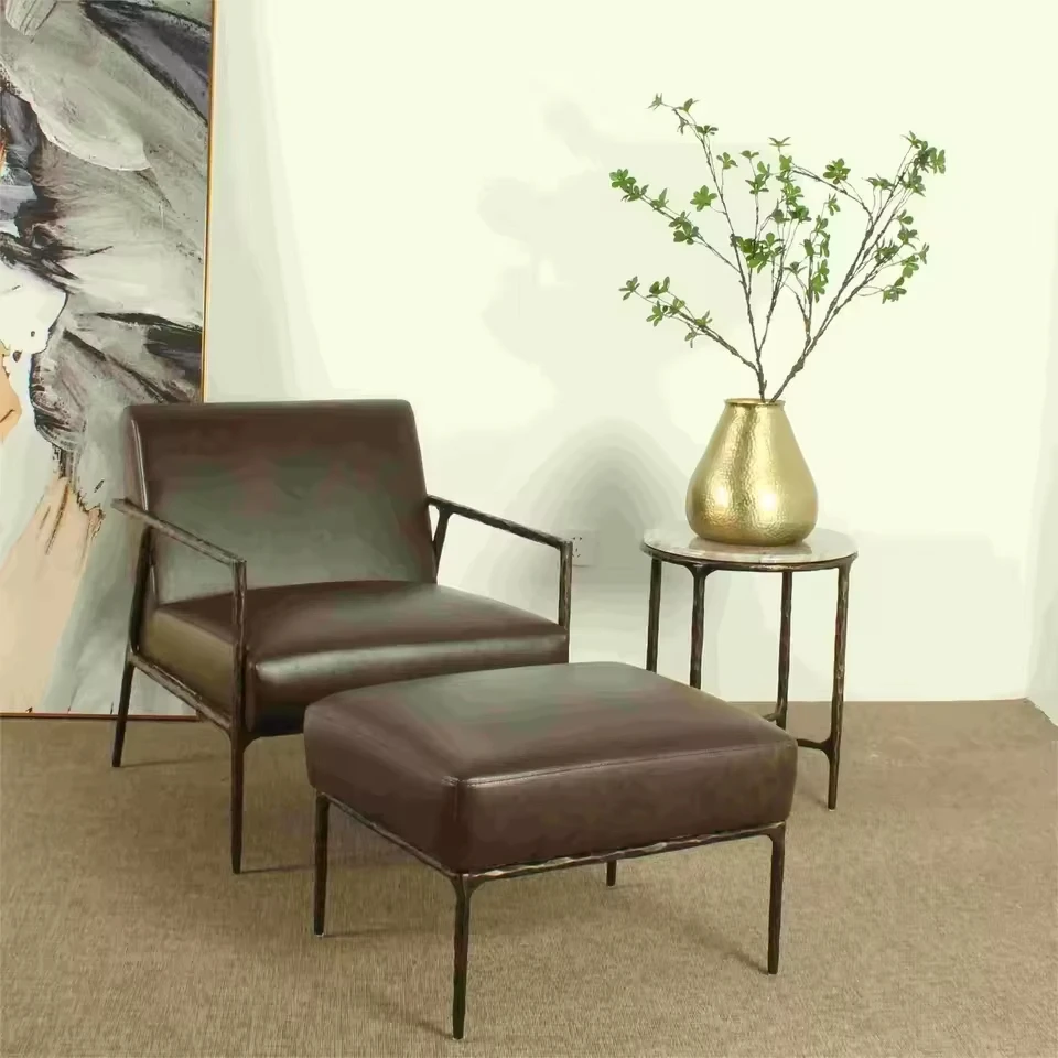 Customizable environmentally friendly cotton filled fabric leisure chair antique forged metal arm living room decoration chair